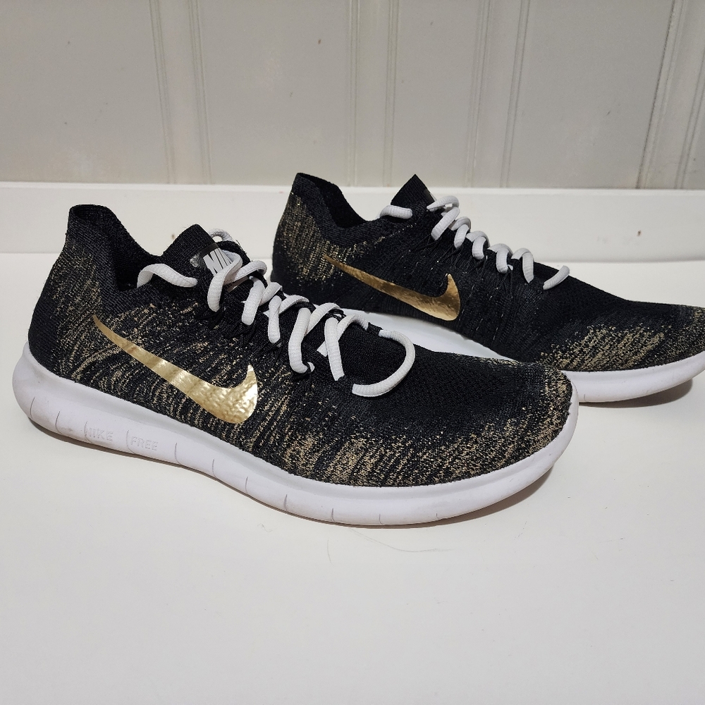 2017 Women's Custom Nike ID Free RN Flyknit Black Metallic Gold Size 9.5